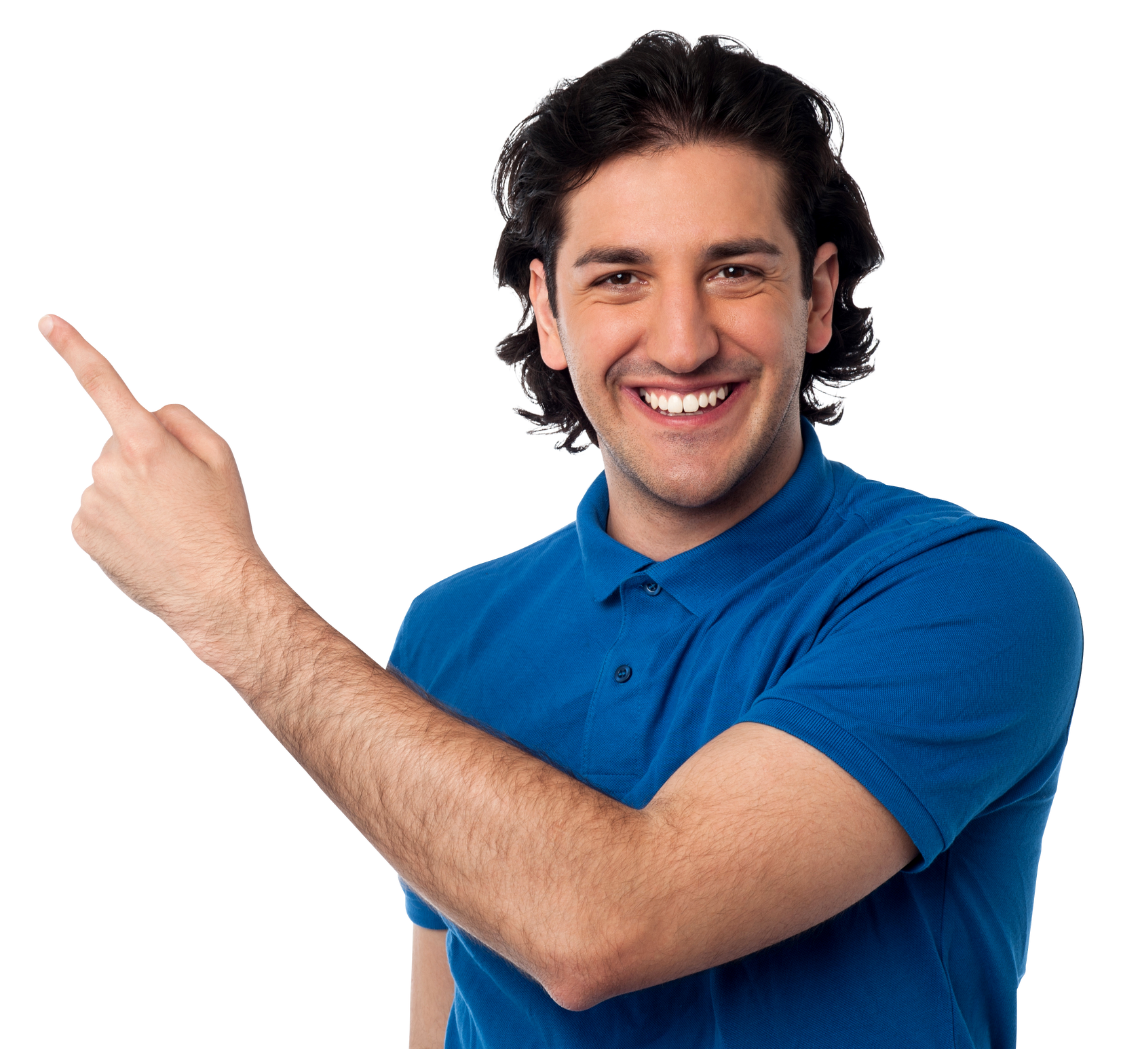 Persona feliz apuntando al botón